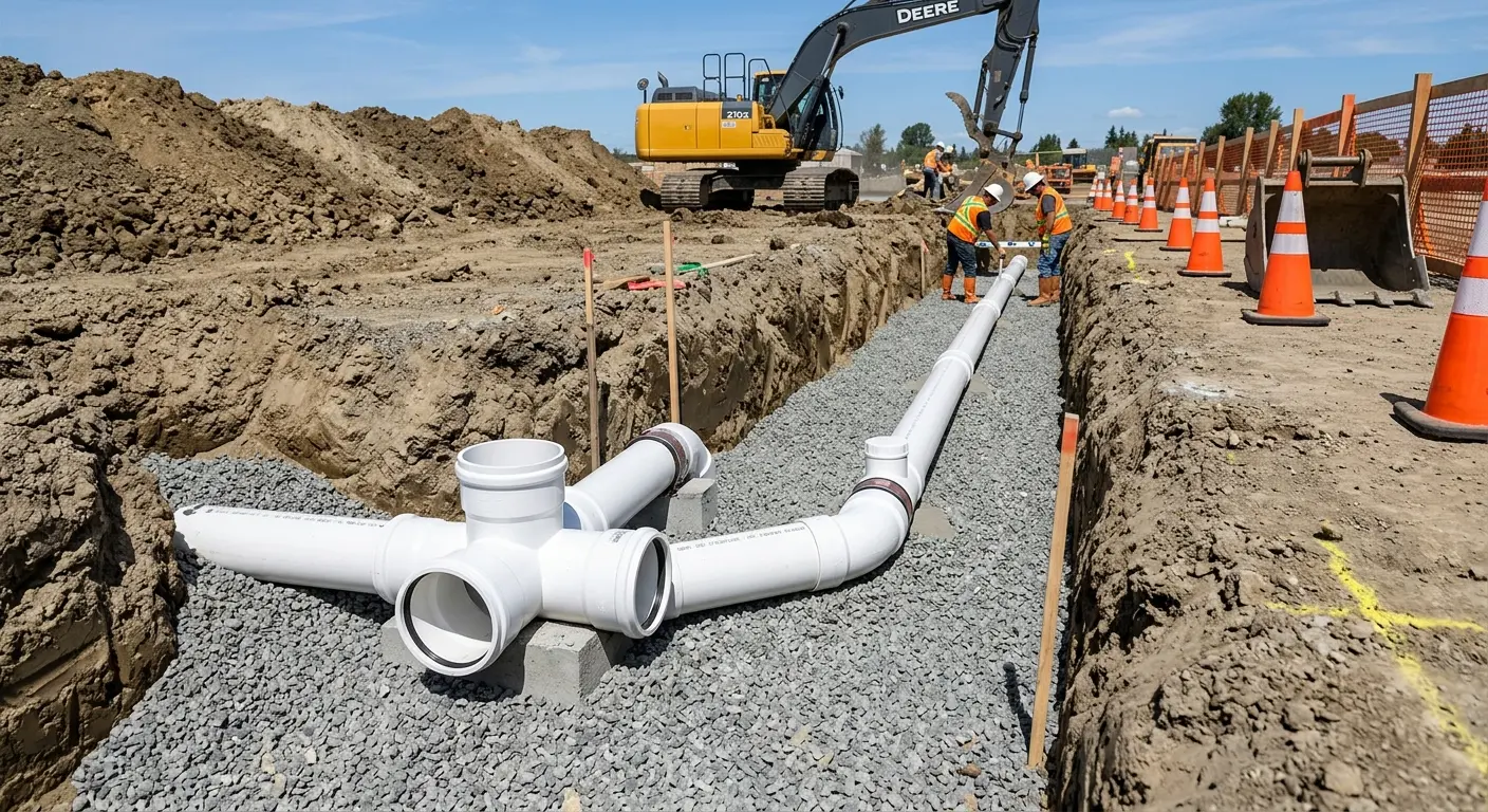 New PVC sewer pipe installation in open trench for Sewer Backup in Hinesville