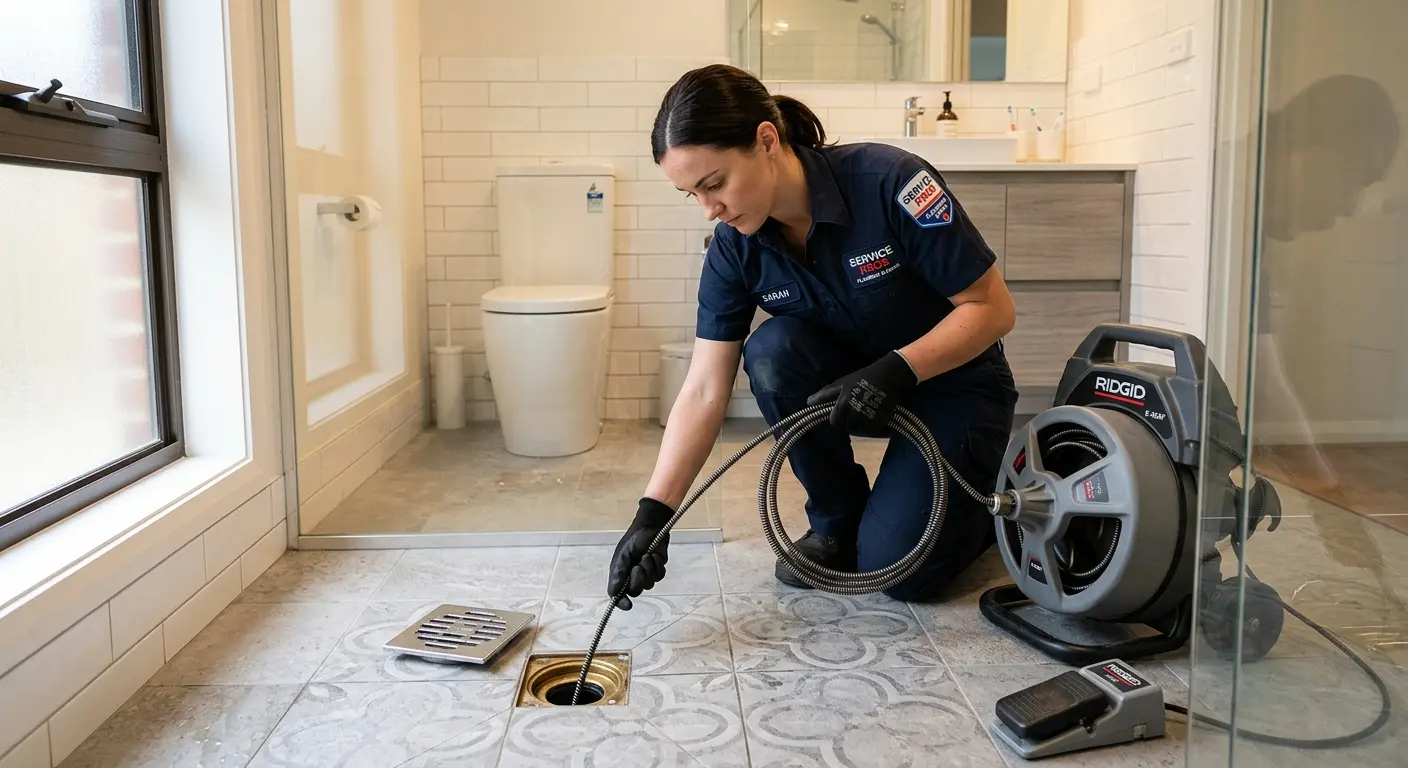 Technician clearing a bathroom floor drain for Drain Cleaning in Hinesville